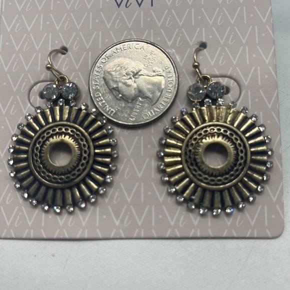NWT ViVl Antique Gold Ornate Rhinestone Round Earrings - Picture 3 of 5
